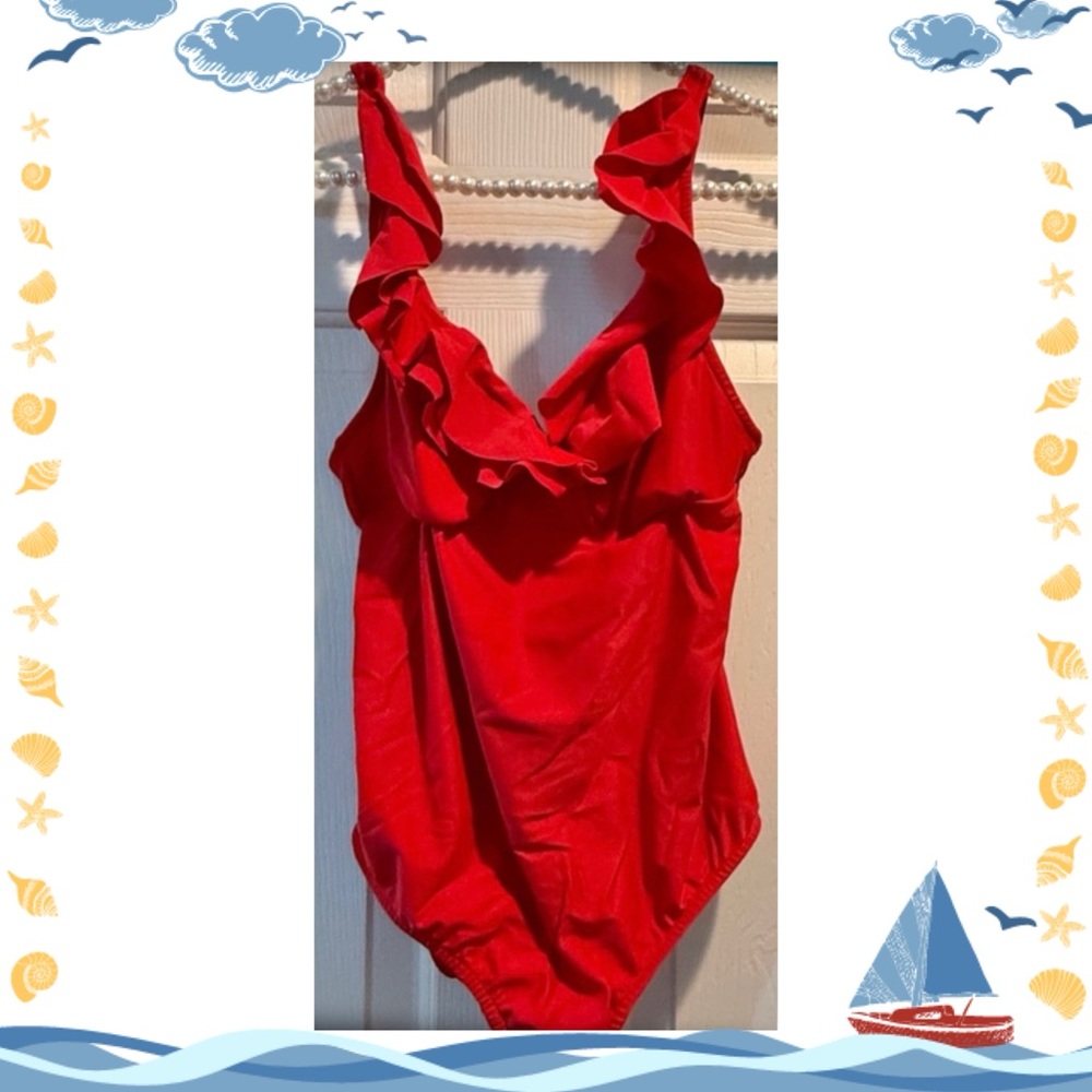 Venus one piece red swimsuit. Ruffles at shoulders and chest. Size 8. So cute! - Picture 10 of 10